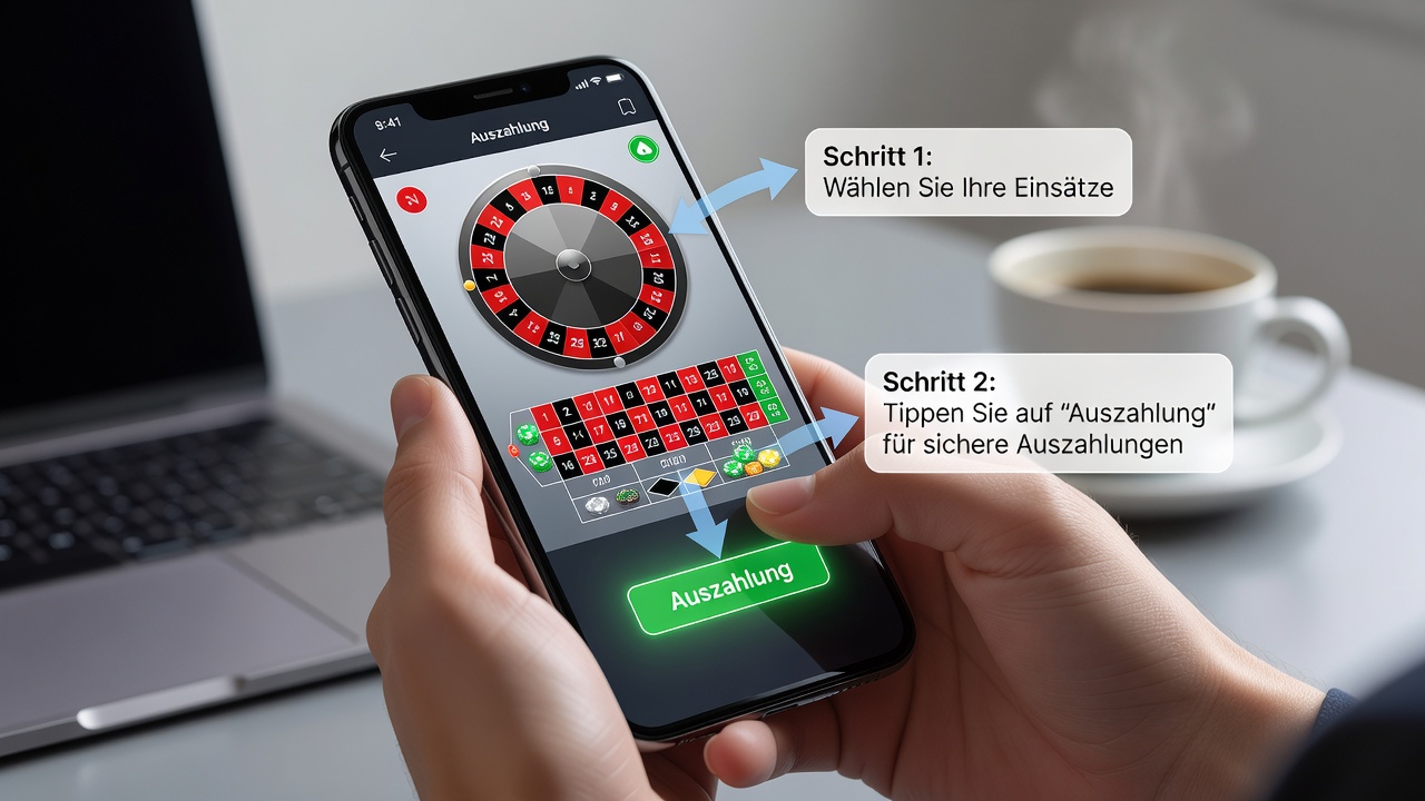 Detailansicht einer mobilen Roulette-App mit hervorgehobenen Auszahlungs- und Schutzfunktionen