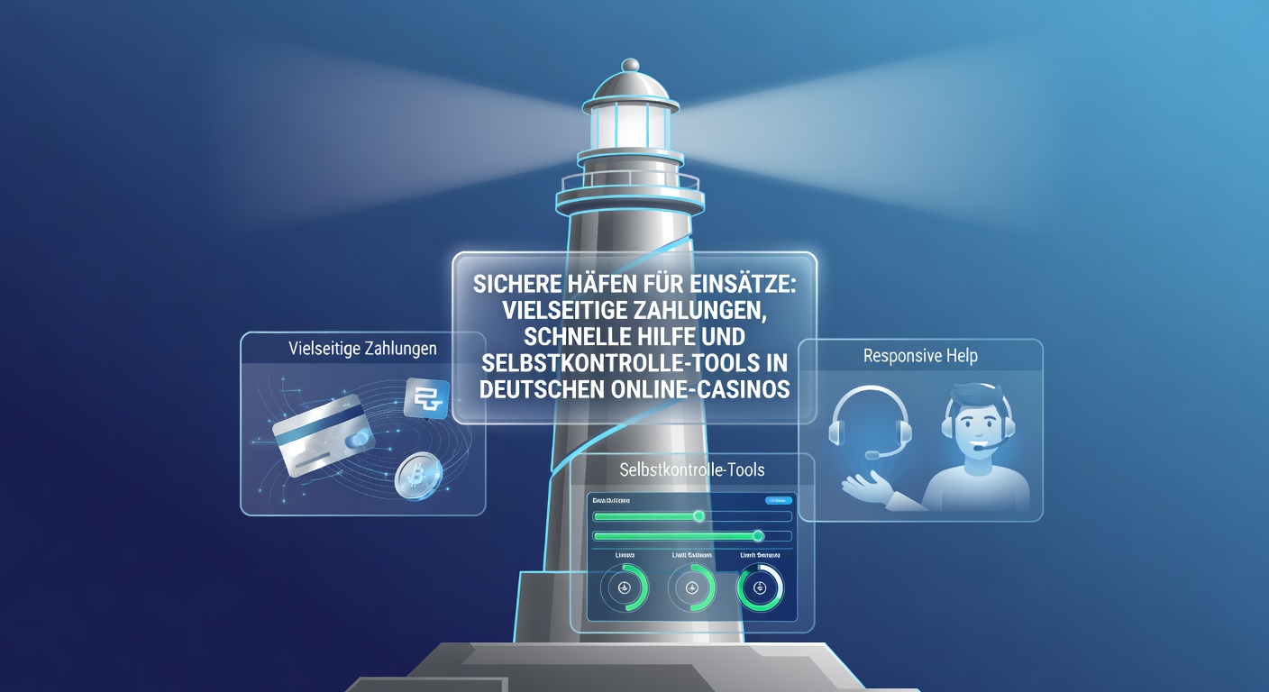 Darstellung eines modernen Online-Casinos mit sicheren Zahlungssymbolen, Support-Icons und Tools für verantwortungsvolles Spielen auf einem digitalen Interface