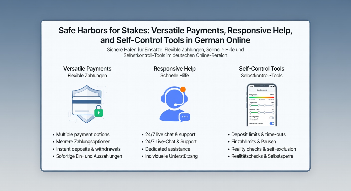 Screenshot eines Self-Control-Tools-Dashboards in einem deutschen Online-Casino, das Limits, Reality-Checks und Ausschlussoptionen anzeigt
