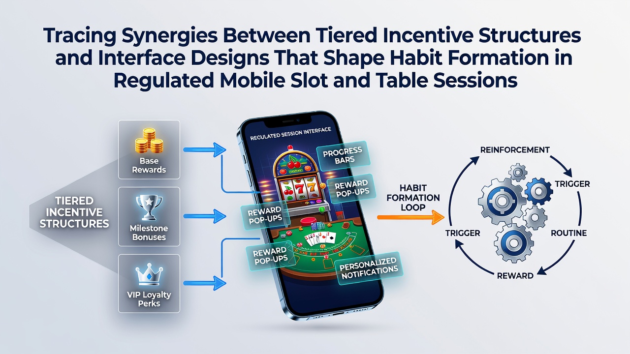 Illustration gestaffelter Belohnungsebenen und mobiler Casino-Interfaces in regulierten Märkten